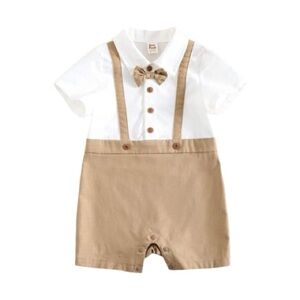 Toddler boy collared short sleeve romper one piece outfit bow tie button up